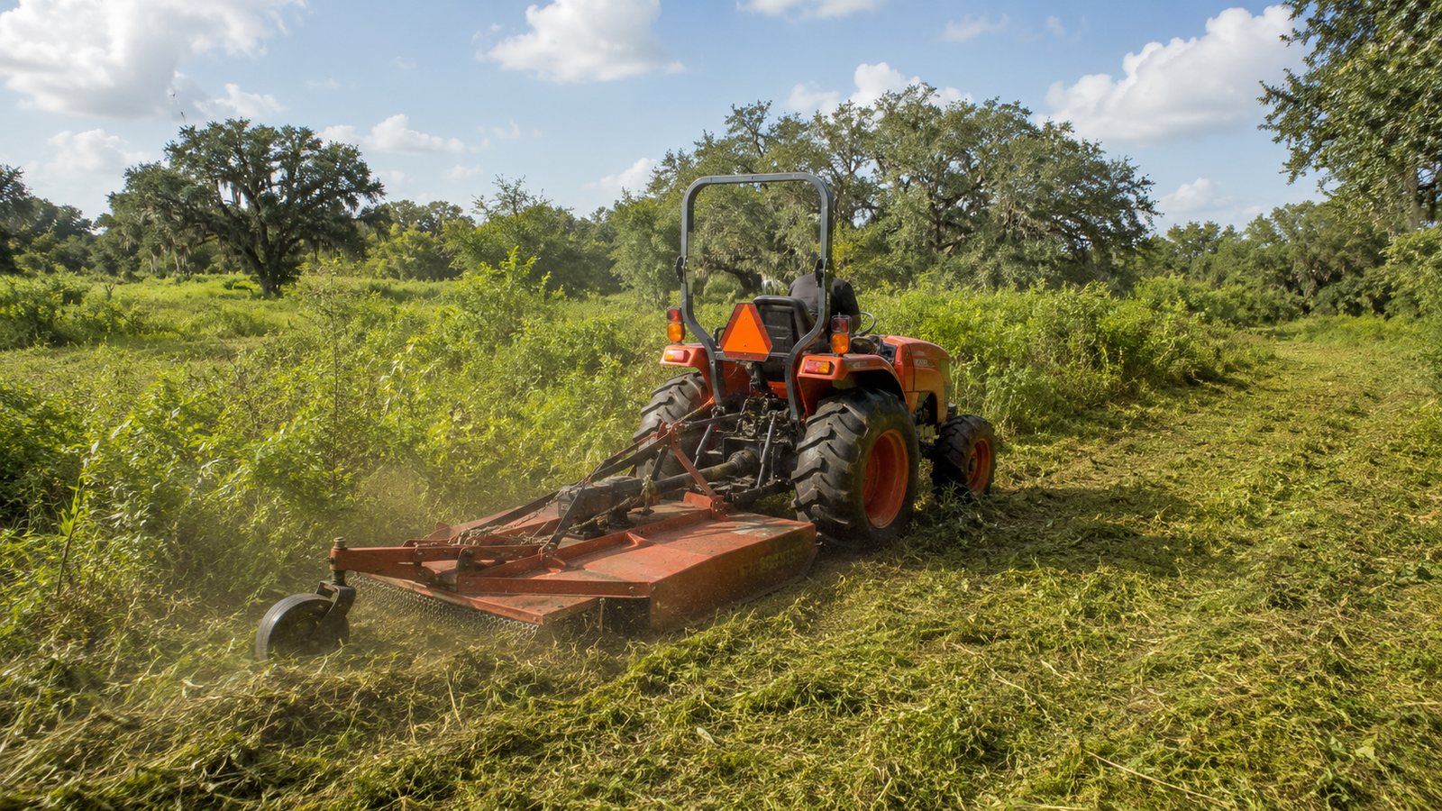Tractor bush hogging an overgrown property